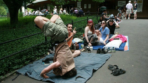 Sam Michael took the opportunity to do some impromptu yoga accompanied by fellow line-sitters Derek Kleinbaum, Aleeza Chanowitz, Gabrielle Miller, Malka Wallick and Max Lenik.